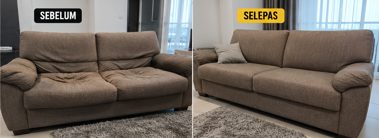 Sofa sebelum dan selepas dibaiki di Puchong